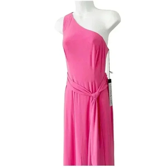NWT Mac Duggal Jersey One Shoulder Belted Trumpet Gown Candy Pink size 6 - Picture 4 of 10